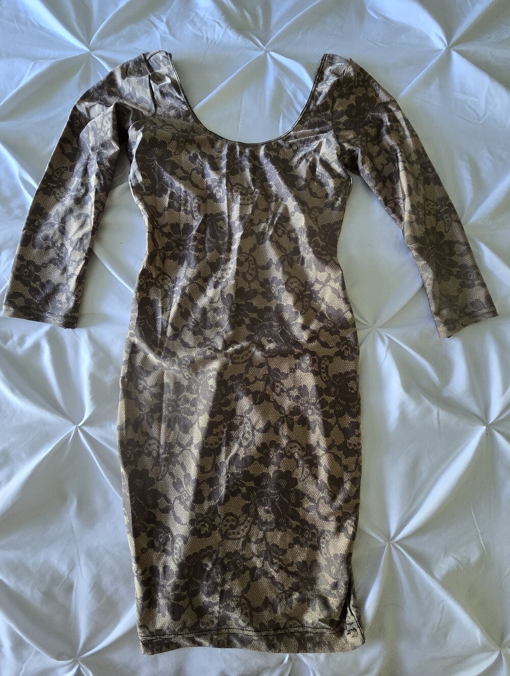 Y2K Brown Lace-Effect Long Sleeve Bodycon Scoop Neck Dress *Like New*